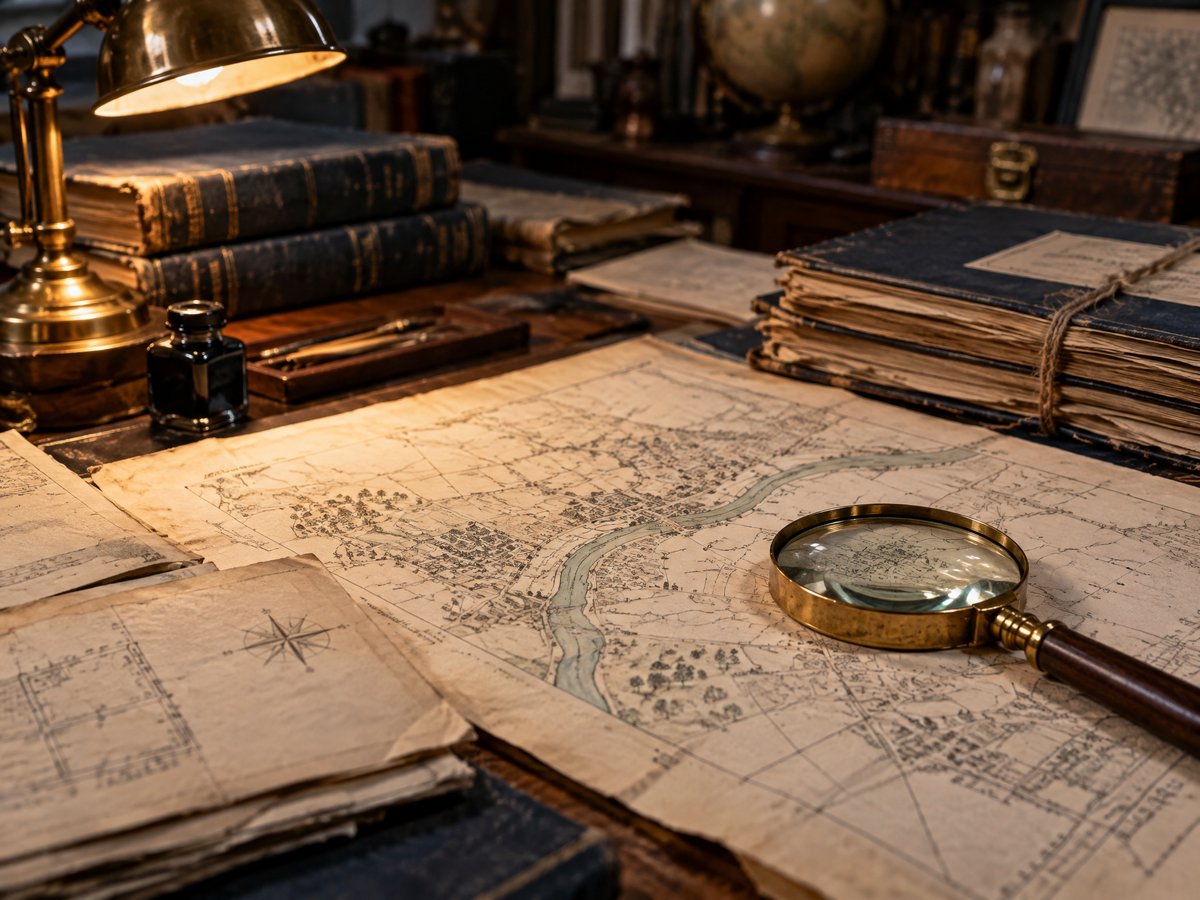 Old planning maps and archive folders under a magnifying glass