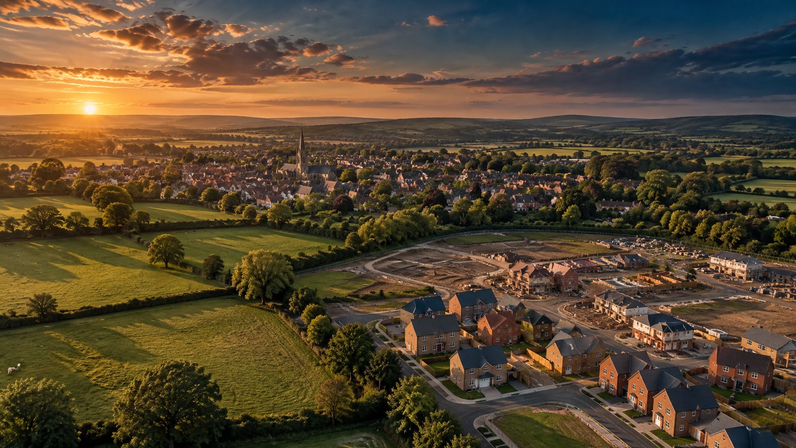Aerial view of English fields and a town edge at dusk